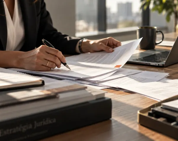 Mãos revisando documentos sobre uma mesa de trabalho