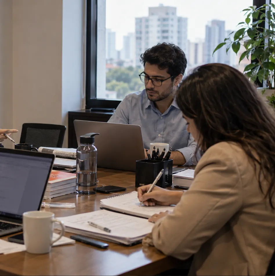 Equipe jurídica trabalhando em conjunto sobre documentos